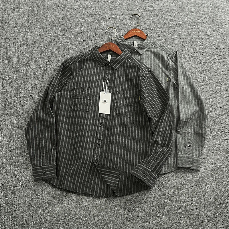 Spring Vertical Striped Brushed 100% Cotton Washed Casual Long Sleeve Shirt Men's Retro Top Versatile Soft Workwear Shirt Coats